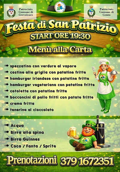Menù Festa di San Patrizio 2026 a Bevilacqua – Cena all’Oratorio Bevilacqua